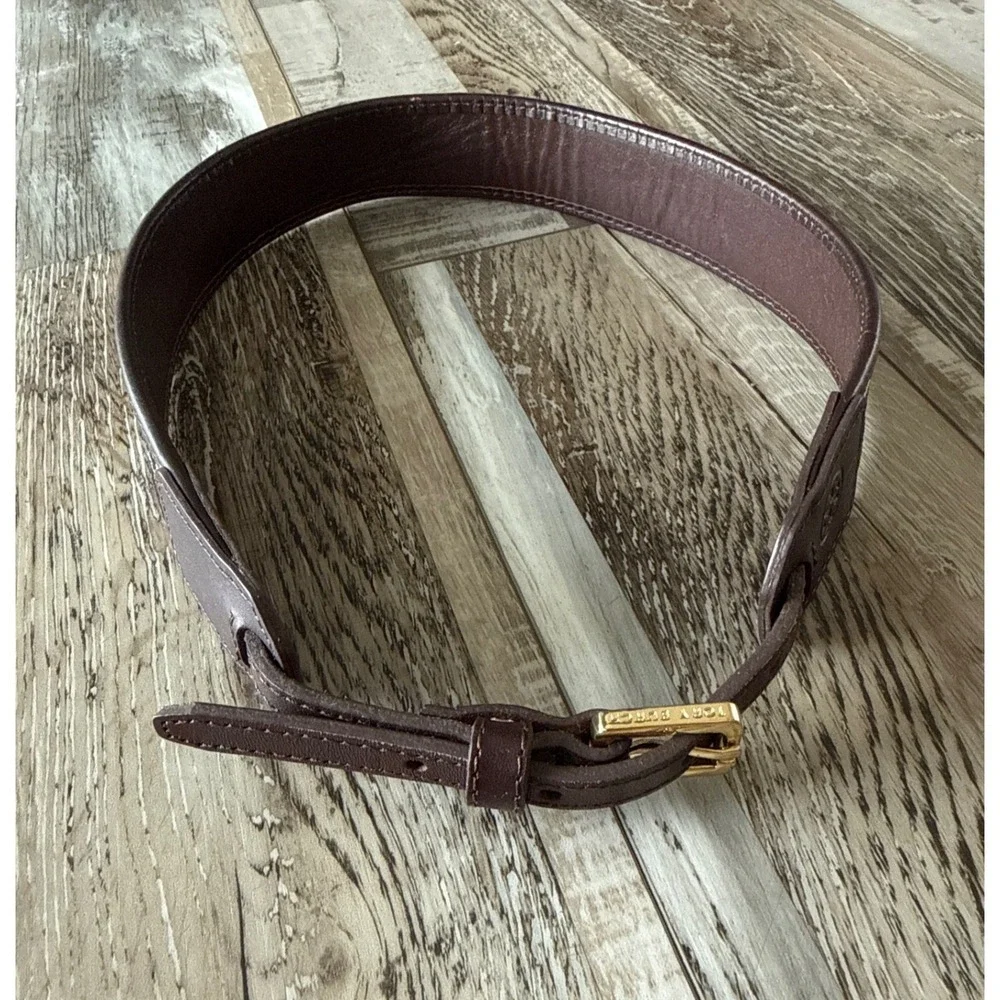 Tory Burch Boho Woven Leather Belt XS Brown Black Cream Geometric Gold Buckle